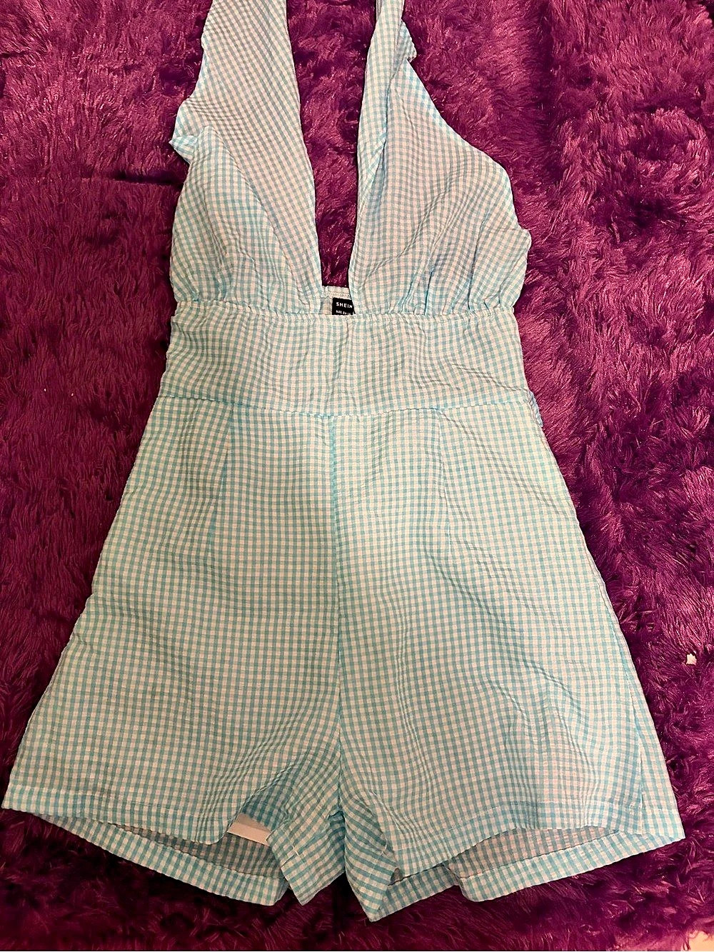 SHEIN Gingham Print Cut Out Waist Romper Blue & White Small